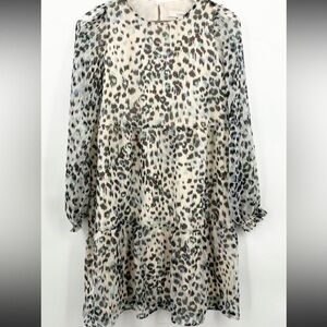 Loft Leopard Print  Ruffle Tiered Semi Sheer Dress Size Medium NWT